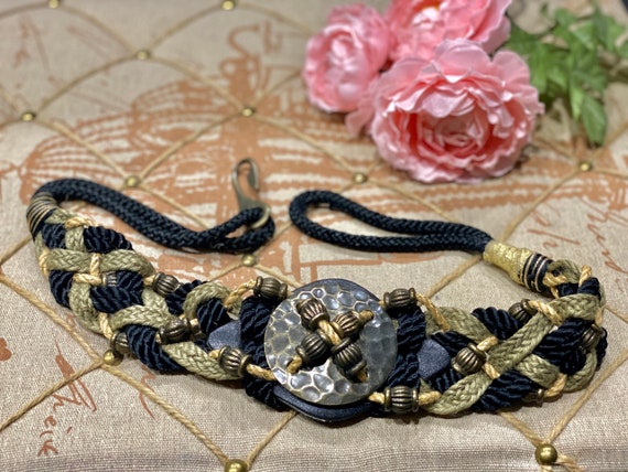 Macrame Belt Orange Black Metal Buckle Handcrafted Vintage 70s macrame belt, - Gem main image 2