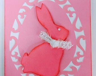 Easter Card Handmade - Handmade Greeting Card - Pink Easter Bunny - Unique Easter Egg - White Lace Bow - Simple Easter Card - Easter Wishes