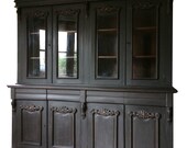 Antique Vintage Glazed Painted Black Bookcase Dresser Display Cabinet Unit