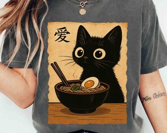 Japanese Cat Shirt, Ramen Cat Tee, Cute Black Cat Shirt, Kawaii Cat Noodle Graphic, Anime Cat Lover Comfort Colors® T-Shirt
