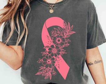 Comfort Colors Breast Cancer Awareness Shirt Pink Ribbon Floral Tee Support Cancer Fighter Tee Breast Cancer Survivor Gift Breast Cancer Tee