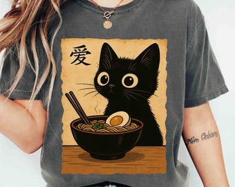 Comfort Colors Tee Cute Black Cat Ramen Shirt Japanese Style Noodles Bowl Cat Lover Gift Ramen Cat T-Shirt Funny Foodie Gift Cat Graphic Tee