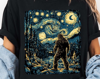 Koszulka Bigfoot z prezentem dla Sasquatcha, miłośniczką kryptydów, zabawną koszulką na kemping i wędrówki, koszulką inspirowaną sztuką Van Gogha „Gwiaździsta noc” w kolorach Comfort®