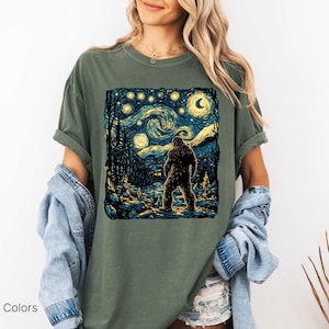 Bigfoot Shirt, Van Gogh Starry Night, Moon Star Shirt, Funny Graphic Bigfoot Tee, Moon Shirt, Forest Nature Lover Camping Tee image 4