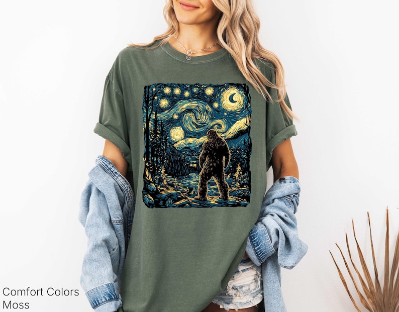 Bigfoot Shirt, Van Gogh Starry Night, Moon Star Shirt, Funny Graphic Bigfoot Tee, Moon Shirt, Forest Nature Lover Camping Tee image 4