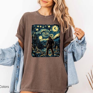 Bigfoot Shirt, Van Gogh Starry Night, Moon Star Shirt, Funny Graphic Bigfoot Tee, Moon Shirt, Forest Nature Lover Camping Tee image 5