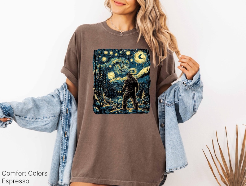 Bigfoot Shirt, Van Gogh Starry Night, Moon Star Shirt, Funny Graphic Bigfoot Tee, Moon Shirt, Forest Nature Lover Camping Tee image 5