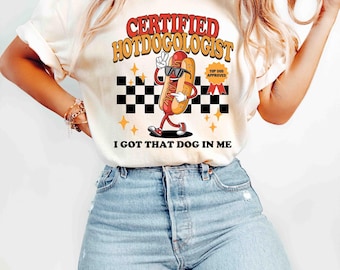 Camiseta de colores cómodos, camiseta de Hotdogologist certificado, camiseta divertida de Hot Dog, camiseta de comida, camiseta con gráficos vintage, camiseta de humor retro, camiseta de meme foodie