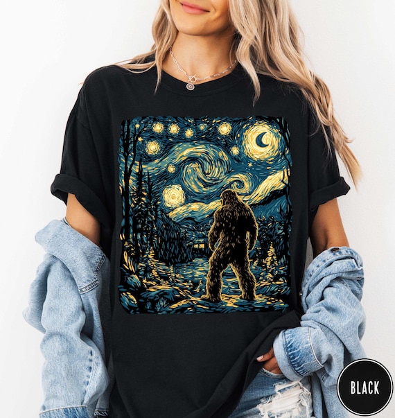Bigfoot Shirt Sasquatch Gift Cryptid Lover Tee Camping Hiking Shirt Van Gogh Starry Night Inspired Art Comfort Colors® T-Shirt
