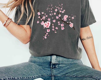 Komfort Farben Shirt Kirschblüte Shirt Blumengrafik T-Shirt Ästhetischer japanischer Sakura Print Weicher Baumwollfrühling Süßes von der Natur inspiriertes Outfit
