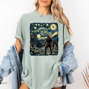 Bigfoot Shirt, Van Gogh Starry Night, Moon Star Shirt, Funny Graphic Bigfoot Tee, Moon Shirt, Forest Nature Lover Camping Tee image 3