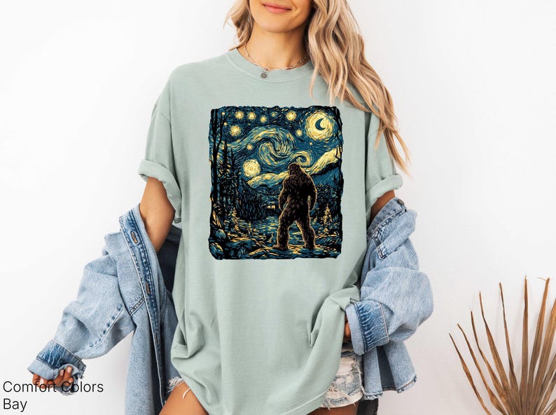 Bigfoot Shirt, Van Gogh Starry Night, Moon Star Shirt, Funny Graphic Bigfoot Tee, Moon Shirt, Forest Nature Lover Camping Tee image 3