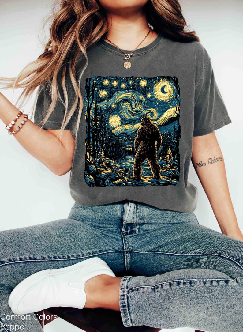Bigfoot Shirt, Van Gogh Starry Night, Moon Star Shirt, Funny Graphic Bigfoot Tee, Moon Shirt, Forest Nature Lover Camping Tee image 1