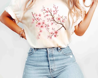 Camisa de colores cómodos Camisa divertida con flor de cerezo Camisa estampada floral de primavera Camisa estética japonesa Sakura Camisa linda de primavera Camisa floral