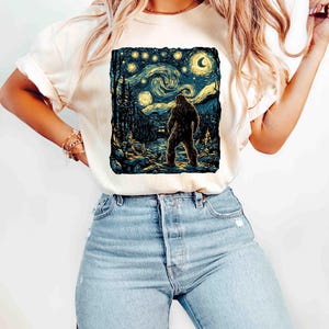 Bigfoot Shirt, Van Gogh Starry Night, Moon Star Shirt, Funny Graphic Bigfoot Tee, Moon Shirt, Forest Nature Lover Camping Tee image 2