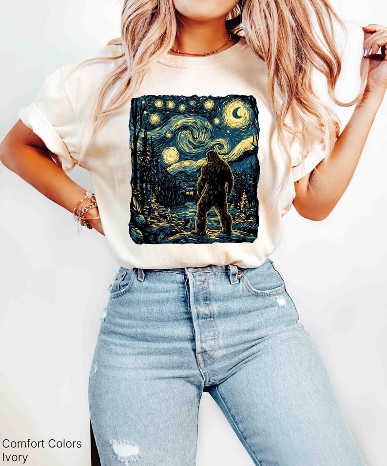 Bigfoot Shirt, Van Gogh Starry Night, Moon Star Shirt, Funny Graphic Bigfoot Tee, Moon Shirt, Forest Nature Lover Camping Tee image 2