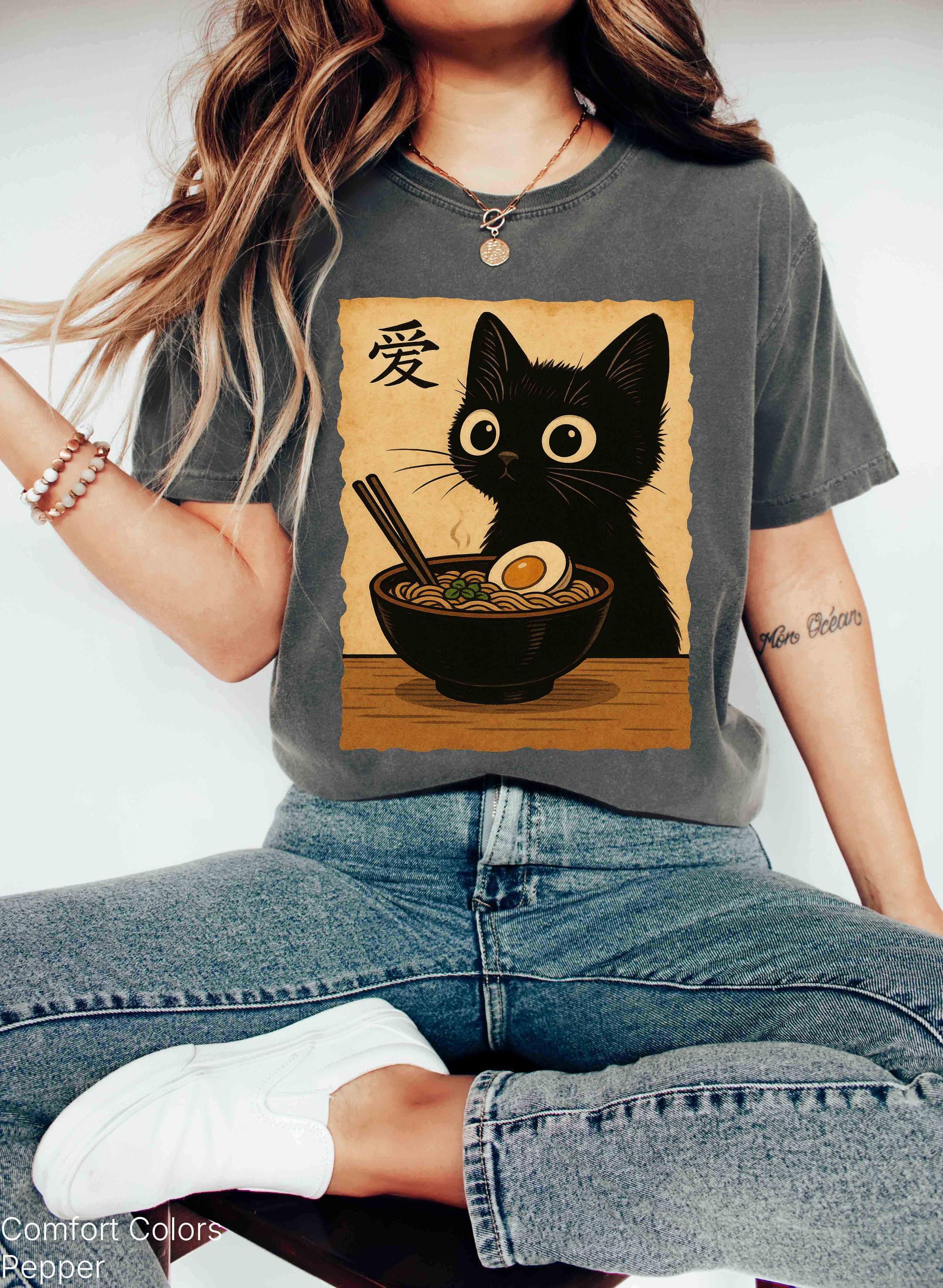 Comfort Colors Tee Cute Black Cat Ramen Shirt Japanese Style Noodles ...