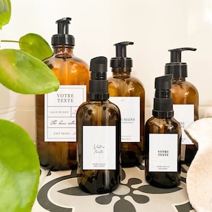 Amber Glass Apothecary Bottle with Plastic Pump & Customizable Vintage Label | Soap Dispenser | Refillable Bottle image 1