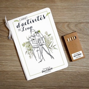 Libro de actividades de boda para niños, con lápiz de colores.