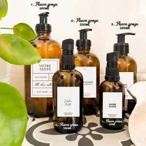Amber Glass Apothecary Bottle with Plastic Pump & Customizable Vintage Label | Soap Dispenser | Refillable Bottle image 2