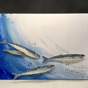 Ceramic anchovies, ceramic mackerel, ceramic panel with composition of 4 fish, ceramic sculpture, ceramic panel.