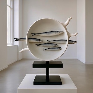 5 hand-shaped and decorated ceramic anchovies passing unharmed through an old white-painted pot!