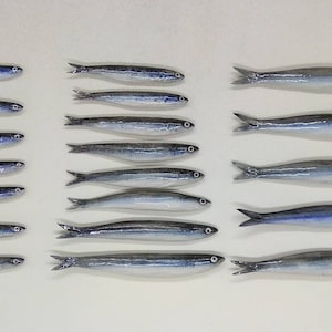 Peut inclure: Une collection de 18 poissons en céramique, chacun peint avec un design réaliste bleu et argent. Les poissons sont disposés en deux rangées, avec neuf poissons dans chaque rangée.