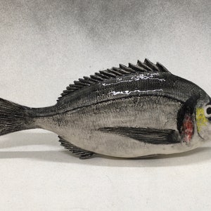 May include: A ceramic sculpture of a black and white fish with yellow and red details. The fish is lying on its side with its tail to the left and its head to the right. The fish has a textured surface and appears to be made of clay.