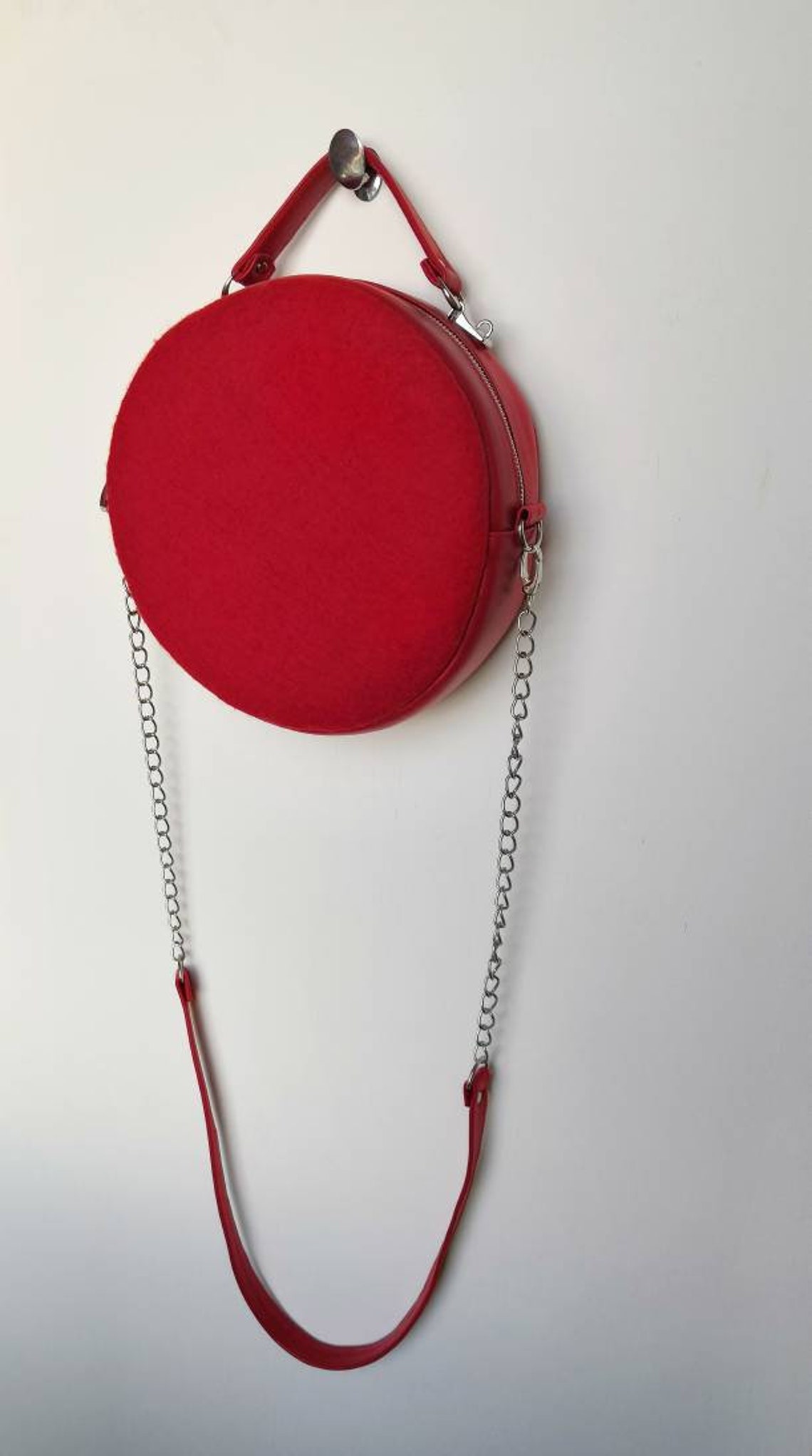 Red Round leather bag Red leather handbag Crossbody bag Etsy