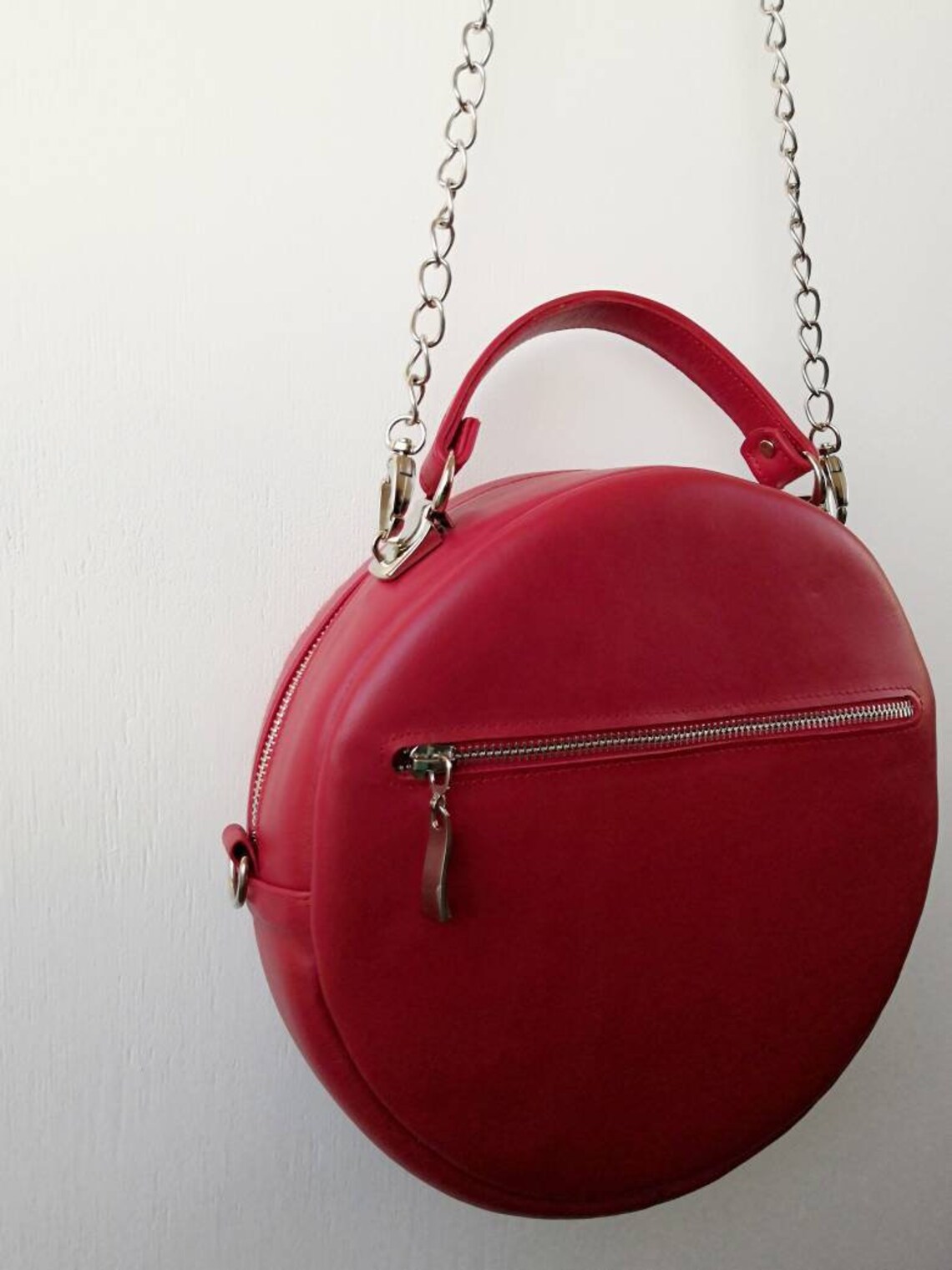Red Round leather bag Red leather handbag Crossbody bag Etsy