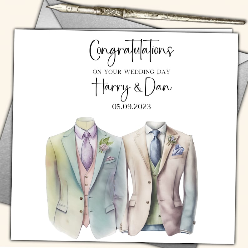 May include: A wedding card with a watercolor illustration of two men in suits. The card says "Congratulations on your wedding day Harry & Dan 05.09.2023".