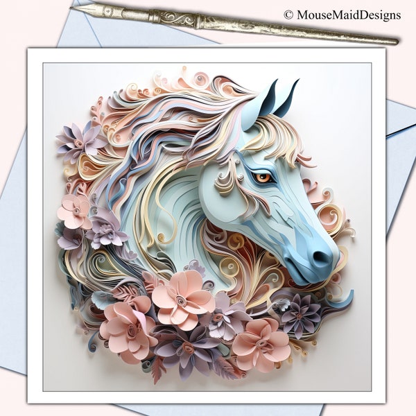 Tarjetas en blanco de cumpleaños, agradecimiento, felicitaciones, pronta recuperación, tarjetas con notas atrasadas, 2D y 3D, caballo (3dh)