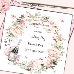 Personalised Wedding Day Card Anniversary Congratulations Bride Groom Couple Marriage Champagne Roses (lr we)