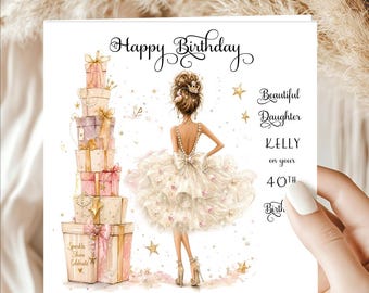 May include: A square birthday greeting card featuring a stack of pink and gold gift boxes on the left and an illustration of a person in a ruffled white dress on the right. Text reads Happy Birthday, Beautiful Daughter, Kelly on your 40th Birthday.