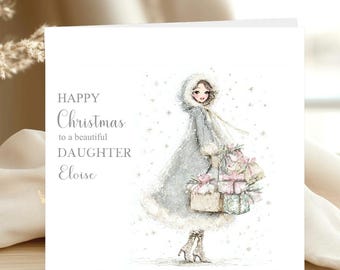May include: A square greeting card featuring a watercolor illustration of a person in a grey hooded coat with white fur trim, carrying several wrapped gifts. The text reads: HAPPY Christmas to a beautiful DAUGHTER Eloise. The background is white.
