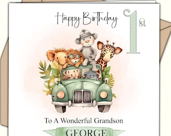 May include: A green and white birthday card with a cartoon illustration of animals in a car. The card says "Happy Birthday 1st" and "To A Wonderful Grandson GEORGE".