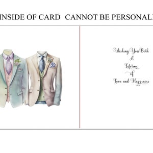 May include: A greeting card with an illustration of two men in suits and the text "Wishing You Both A Lifetime of Love and Happiness".