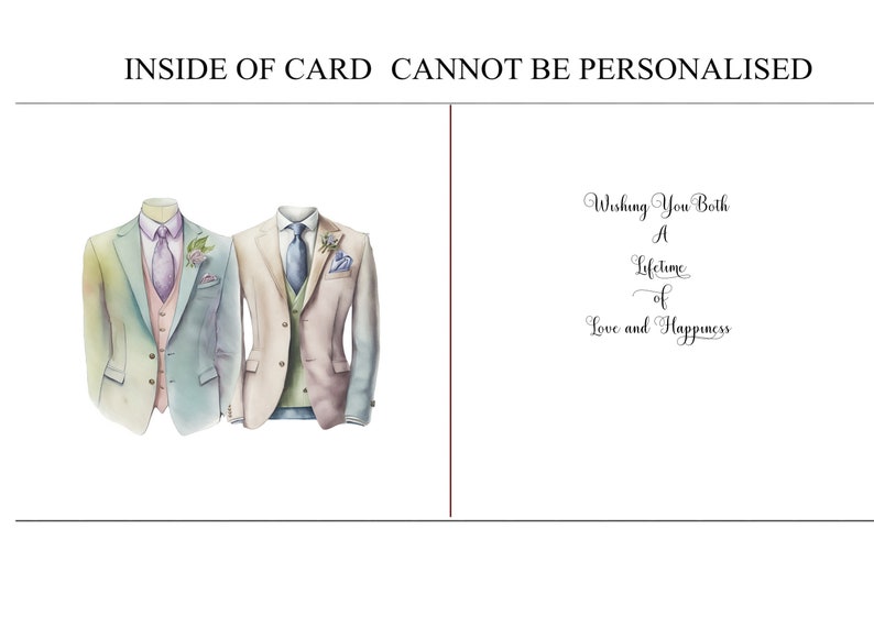 May include: A greeting card with an illustration of two men in suits and the text "Wishing You Both A Lifetime of Love and Happiness".