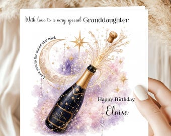 May include: A greeting card with a celestial champagne theme. The card features a black and gold champagne bottle with the text "Celestial Champagne." The card also includes the text "With love to a very special Granddaughter" and "Happy Birthday Eloise."