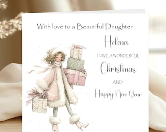 May include: A square greeting card featuring a watercolor illustration of a person in a pink fur-trimmed coat carrying wrapped gifts. The text reads: With love to a Beautiful Daughter, Helena, HAVE A WONDERFUL Christmas AND Happy New Year.