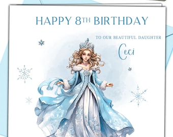 Może przedstawiać: Kartka urodzinowa z ilustracją księżniczki w niebieskiej sukni i koronie. Na kartce napisano "HAPPY 8TH BIRTHDAY TO OUR BEAUTIFUL DAUGHTER Ceci". Srebrne pióro spoczywa w lewym górnym rogu.