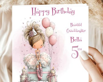 May include: A square birthday greeting card featuring a cartoon illustration of a girl in a tutu sitting on a gift box with balloons. The text reads Happy Birthday, Beautiful Granddaughter, Bella, and 5th. The color palette includes soft pinks and whites.