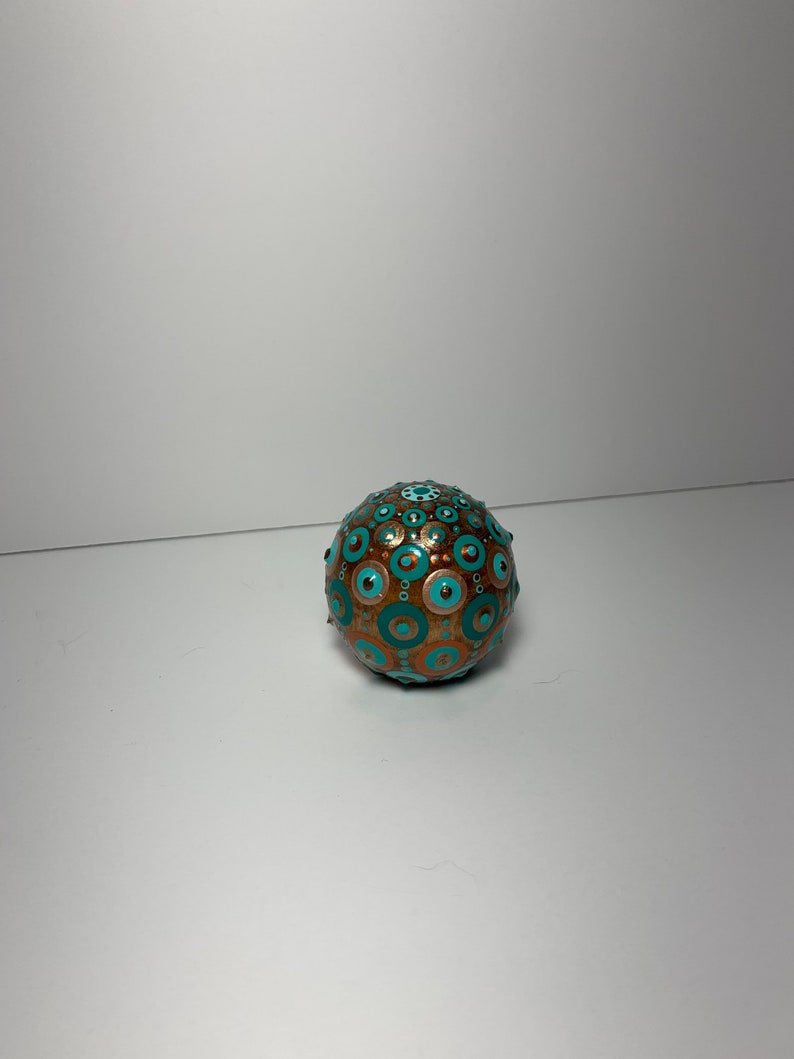 Copper and Gold Metallics. Hand Painted Dot Art 2\u201d Wood Sphere with Hand Painted Dot Mandala in Teals