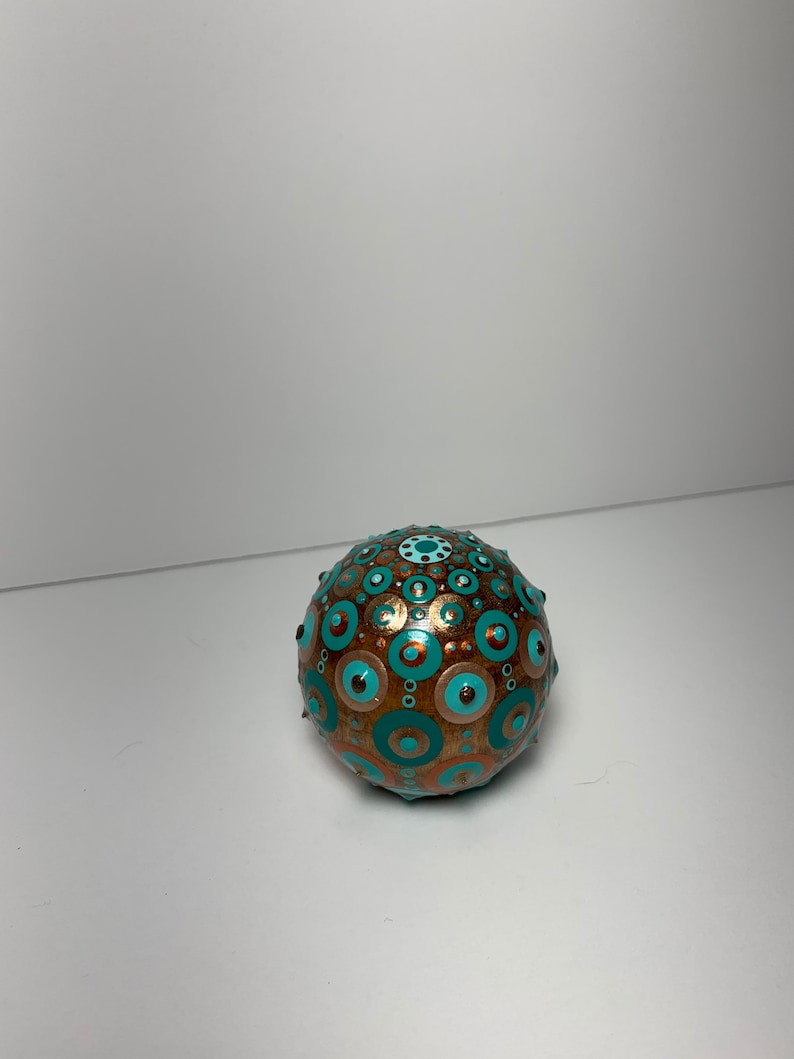 Copper and Gold Metallics. Hand Painted Dot Art 2\u201d Wood Sphere with Hand Painted Dot Mandala in Teals