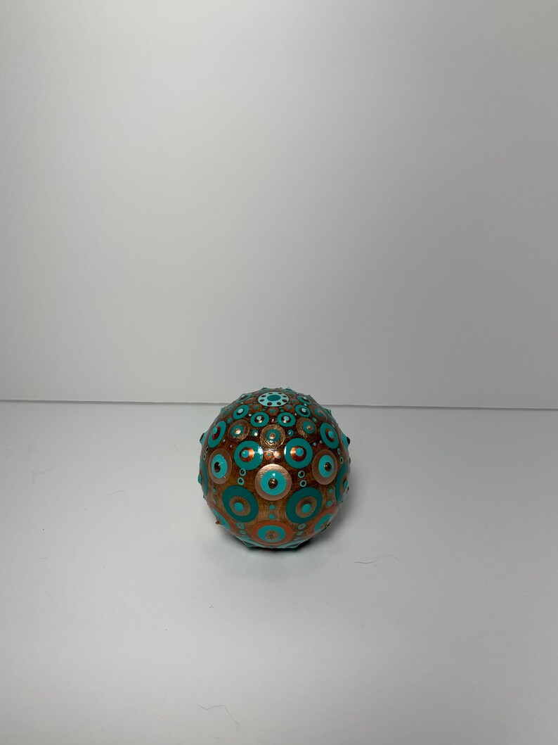 Copper and Gold Metallics. Hand Painted Dot Art 2\u201d Wood Sphere with Hand Painted Dot Mandala in Teals