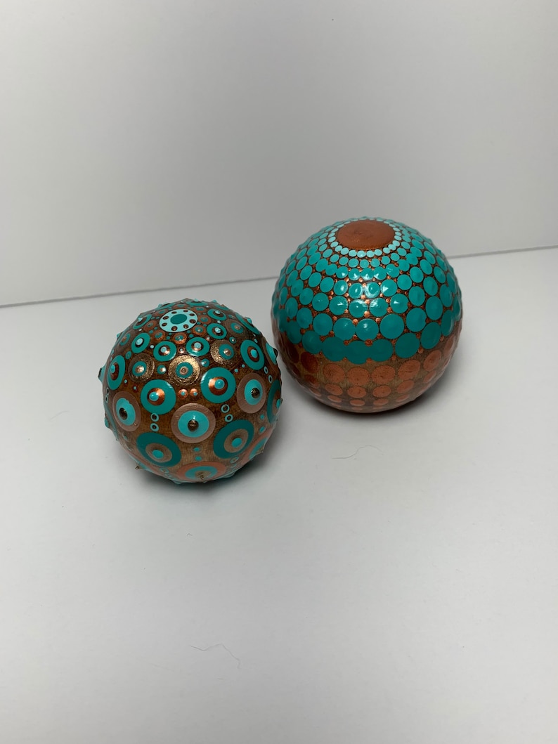 Copper and Gold Metallics. Hand Painted Dot Art 2\u201d Wood Sphere with Hand Painted Dot Mandala in Teals