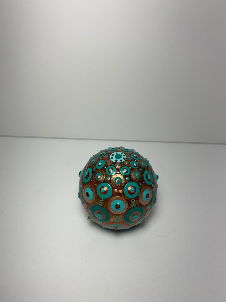 Copper and Gold Metallics. Hand Painted Dot Art 2\u201d Wood Sphere with Hand Painted Dot Mandala in Teals