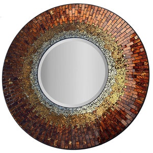 Mosaic Wall Mirror Baltic Amber, Decorative Beveled Round Mirror, Diameter 23.5", Mirror 11.5", Mirror for Bathroom, Entryway Hallway Mirror