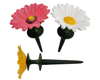 Lulu Decor, Cast Iron Garden Hose Guide Spike, Rust Free Guide & Plant Protection, Bird Water Feeder, White, Yellow and Pink Daisy, Set of 3