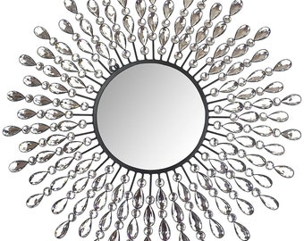 23.50" Crystal Drop Metal Wall Mirror, 9" Round Beveled Mirror Handmade for Living Room & Bedroom, Handcrafted Mirror - Lulu Decor